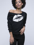 Casual One Shoulder Lip Printed Long Sleeve T-Shirt