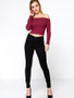 Casual Off Shoulder Plain Cropped Long Sleeve T-Shirt