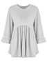 Casual Loose Ruffled Hem Plain Round Neck Long Sleeve T-Shirt