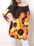 Casual Loose One Shoulder Color Block Floral Long Sleeve T-Shirt