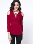 Casual Designed Solid Lace-Up Open Shoulder Long Sleeve T-Shirt