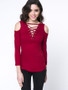 Casual Designed Solid Lace-Up Open Shoulder Long Sleeve T-Shirt