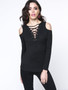Casual Designed Solid Lace-Up Open Shoulder Long Sleeve T-Shirt