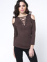Casual Designed Solid Lace-Up Open Shoulder Long Sleeve T-Shirt
