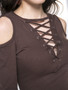 Casual Designed Solid Lace-Up Open Shoulder Long Sleeve T-Shirt