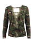 Casual Deep V-Neck Lace-Up Camouflage Long Sleeve T-Shirt