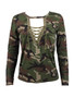 Casual Deep V-Neck Lace-Up Camouflage Long Sleeve T-Shirt