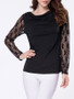 Casual Cowl Neck Plain Lace Patchwork Long Sleeve T-shirt