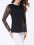 Casual Cowl Neck Plain Lace Patchwork Long Sleeve T-shirt