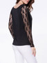 Casual Cowl Neck Plain Lace Patchwork Long Sleeve T-shirt