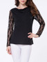 Casual Cowl Neck Plain Lace Patchwork Long Sleeve T-shirt