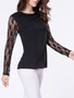 Casual Cowl Neck Plain Lace Patchwork Long Sleeve T-shirt