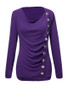 Casual Cowl Neck Diagonal Buttons Plain Long Sleeve T-Shirt