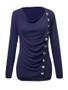 Casual Cowl Neck Diagonal Buttons Plain Long Sleeve T-Shirt