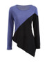 Casual Color Block Asymmetric Hem Round Neck Long Sleeve T-Shirt