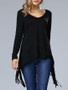 Casual Deep V-Neck Fringe Plain Long Sleeve T-Shirt