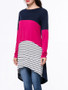 Casual Boat Neck Color Block Striped High-Low Long Sleeve T-Shirt