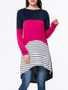 Casual Boat Neck Color Block Striped High-Low Long Sleeve T-Shirt