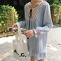 Casual Blue Floral Embroidery Ruffle V-neck Long Sleeve Mini Dress
