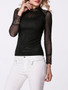 Casual Band Collar Patchwork See-Through Plain Long Sleeve T-Shirt