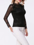 Casual Band Collar Patchwork See-Through Plain Long Sleeve T-Shirt