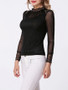 Casual Band Collar Patchwork See-Through Plain Long Sleeve T-Shirt