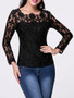 Casual Asymmetric Neck Hollow Out Plain Lace Long Sleeve T-Shirt