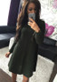 Casual Army Green Plain Draped Round Neck Long Sleeve Mini Dress