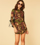 Casual Army Green Camouflage Round Neck Long Sleeve Casual Mini Dress