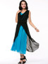 Casual Cowl Neck Color Block Chiffon Swing Maxi Dress