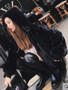 New Black Fur Pockets Zipper Hooded Long Sleeve Casual Coat