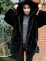 New Black Fur Pockets Zipper Hooded Long Sleeve Casual Coat