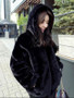 New Black Fur Pockets Zipper Hooded Long Sleeve Casual Coat