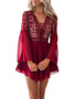 Hollow Out Chiffon Cross Bandage Lace Semi-sheer Plunge V-Neck Long Sleeve Mini Dress