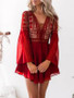 Hollow Out Chiffon Cross Bandage Lace Semi-sheer Plunge V-Neck Long Sleeve Mini Dress