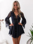 Hollow Out Chiffon Cross Bandage Lace Semi-sheer Plunge V-Neck Long Sleeve Mini Dress