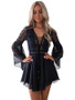 Hollow Out Chiffon Cross Bandage Lace Semi-sheer Plunge V-Neck Long Sleeve Mini Dress