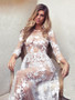 Sexy Solid Color Lace Hollow Long Sleeve Round Neck Maxi Dress