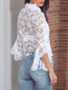 White Floral Cut Out Lace Ruffle Long Sleeve Band Collar Sweet Blouse