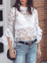 White Floral Cut Out Lace Ruffle Long Sleeve Band Collar Sweet Blouse