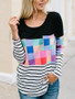 White-Black Striped Plaid Pattern Pockets Long Sleeve Casual T-shirt