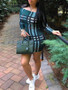 New Green Plaid Off Shoulder Bodycon Long Sleeve Fashion Mini Dress