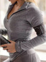 New Grey Zipper V-neck Long Sleeve Fashion T-Shirt