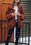 New Dark Camel Pockets Fur Turndown Collar Long Sleeve Lamb Wool Fashion Cardigan Coat