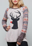 New Grey Patchwork Round Neck Long Sleeve Christmas Print Fashion T-Shirt