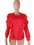New Red Cascading Ruffle Long Sleeve Round Neck Cute Casual Blouse