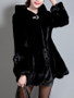 New Black Fur Pockets Buttons Rhinestone Hooded Long Sleeve Elegant Coat