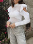 New White Patchwork Ruffle Grenadine Cut Out Band Collar Long Sleeve Sweet T-Shirt