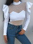 New White Patchwork Ruffle Grenadine Cut Out Band Collar Long Sleeve Sweet T-Shirt