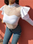 New White Patchwork Ruffle Grenadine Cut Out Band Collar Long Sleeve Sweet T-Shirt